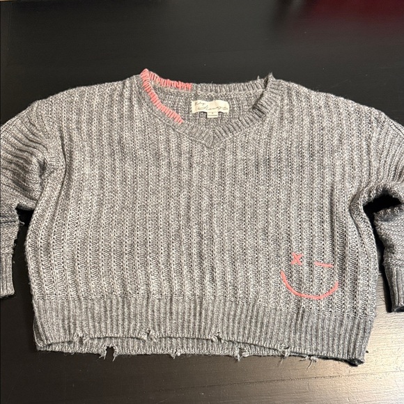 Vintage Havana happy face Gray V-Neck Sweater with Pink Details - Picture 1 of 6